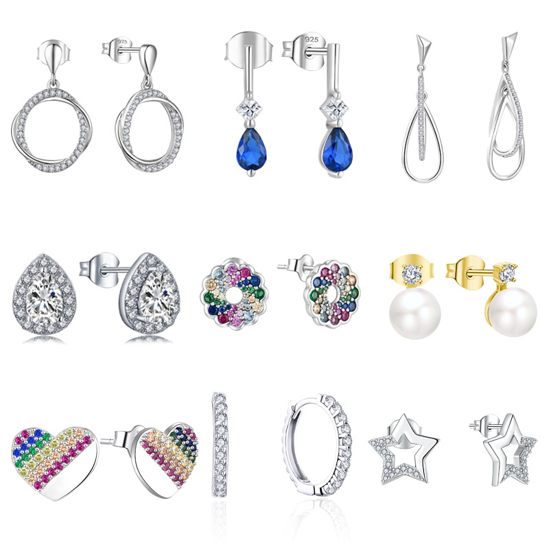 Fashion jewelry earrings collection featuring crystal studs, drops and geometric designs